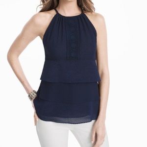 WHBM tiered lace front top in navy blue